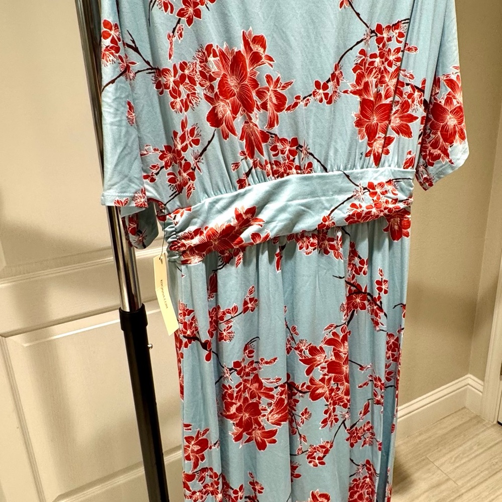 Floral Midi Dress in Blue and Red cherry blossom print - Picture 3 of 4